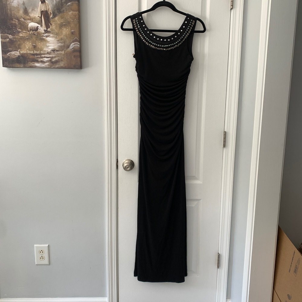Lipsy London Black Ruched Embellished‎ Neckline Maxi Dress JD02534 US 6